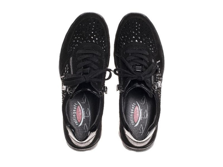 Gabor rolling soft shoes Black 36.968.87 נעל סניקרס עם ריצ'רץ' עור עם פייטים צבע שחור נשים